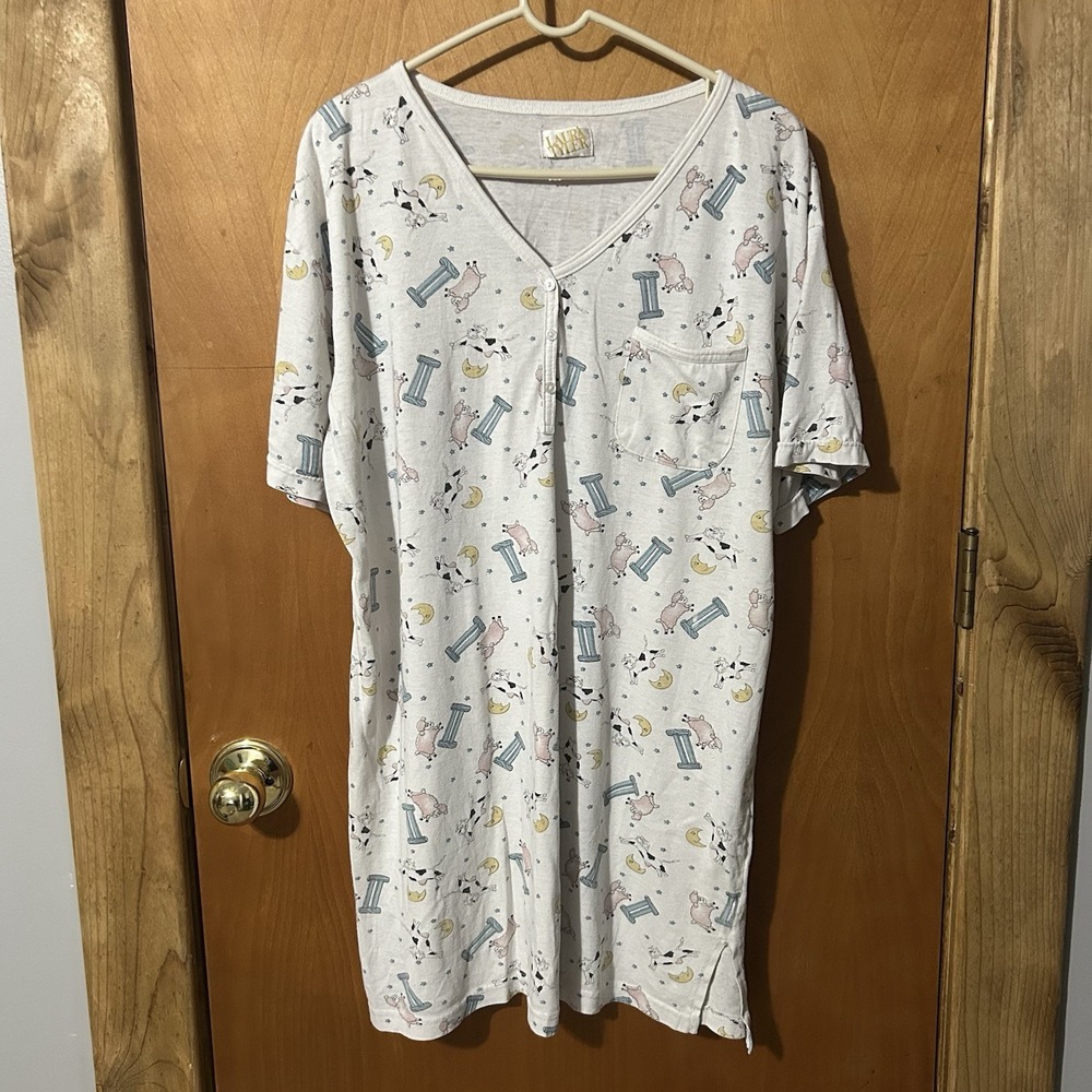 Laura Tyler Nightgown Oversized Large‎ Cotton Cow Sheep Moon Short Sleeve VTG